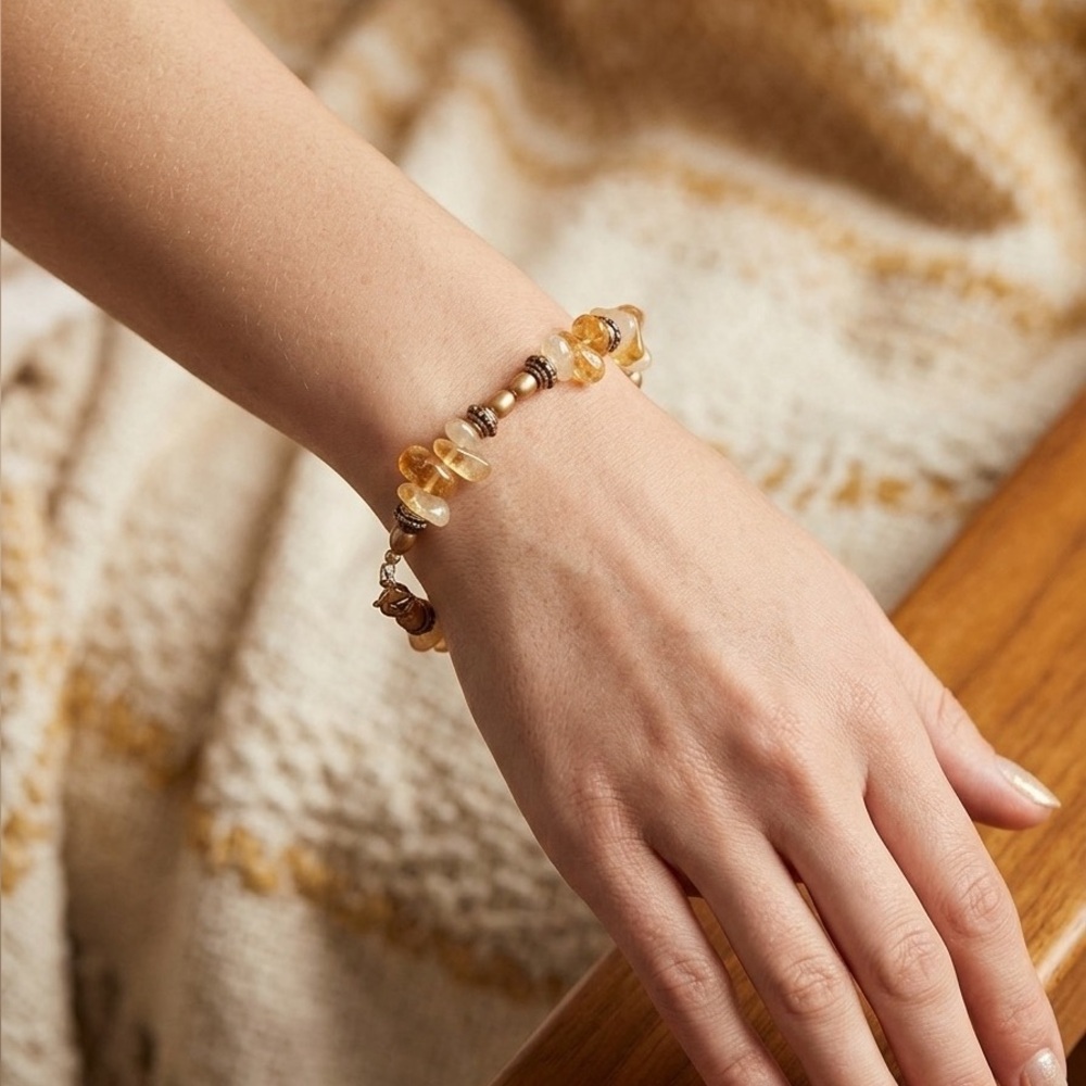 Boho Vintage Citrine & Quartz Beaded Bracelet Handmade MCM gemstones Dainty New